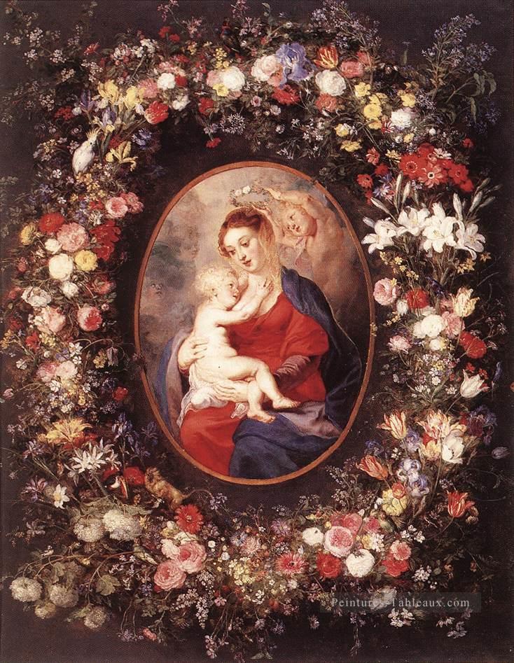 La Vierge à l’Enfant dans une Guirlande de Baroque Peter Paul Rubens floral Peintures à l'huile